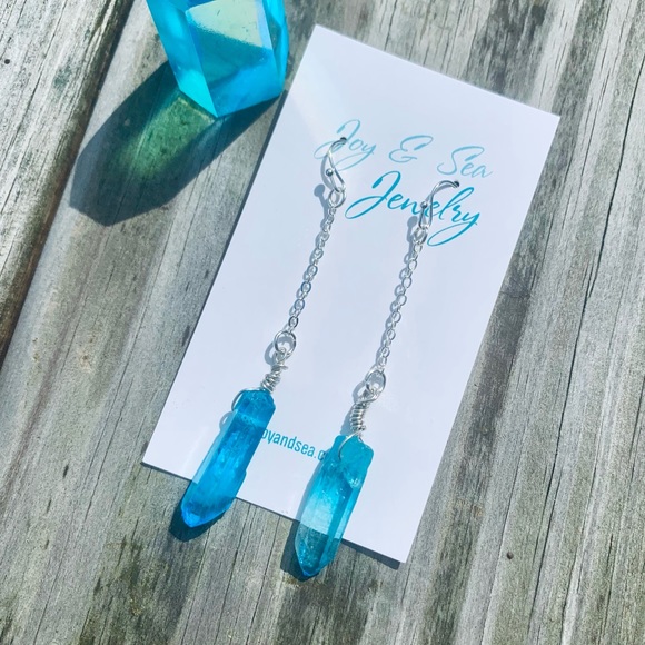 Aqua Quartz Crystal Dangle Earrings - Picture 3 of 6